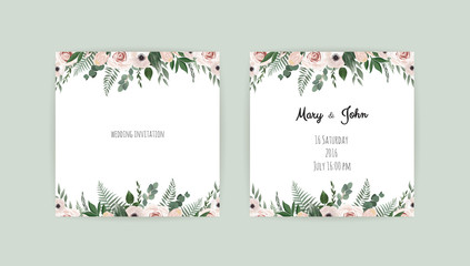 Set of card with flower rose, leaves. Wedding ornament concept. Floral poster, invite.