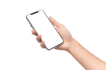 Male hand holding smartphone with blank screen