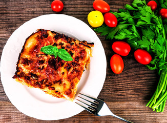 delicious lasagna on white plate