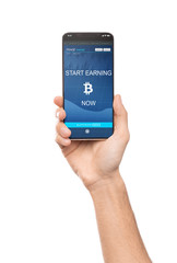 Bitcoin earning application on smartphone screen isolated