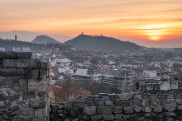 Part of ancient fortress wall on top of the Nebet tepe Hill in Plovdiv city, Bulgaria. Panoramic...