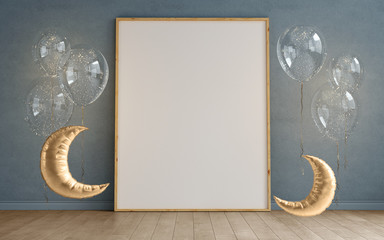 Mock up of blank photo frames on plastered walll, scandinavian minimalism childroom interior with balls in the form of the moon and luminous garlands . 3D rendering