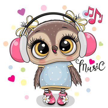 Cartoon Owl girl with headphones on a white background