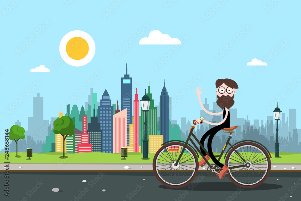 Poster man on bicycle with city skyscrapers on background. healthy lifestyle in town concpt. funky person w