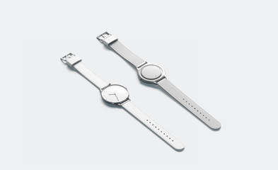 Blank white lying watch with wristlet mockup, isolated, side view, 3d rendering. Empty minimalistic clock mock up, front and back. Clear timer jewelry with bracelet template.