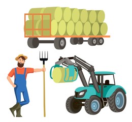 the farmer harvests hay with a tractor with a loader