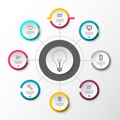 Vector Infographic Presentation Concept with Paper Cut Circles and Light Bulb in the Middle. Data Flow Chart. Web Page Layout with Technology Icons. Eight Steps Infographics.