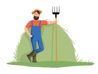 The Jolly farmer is on the background of haystack