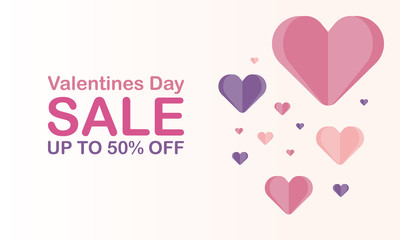 Happy Valentines Day. Sale banner for store. Special offer for shopping. Traditional holiday of love. Cute vector illustration with beautiful color hearts