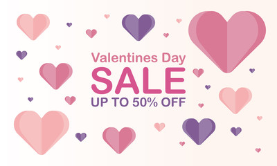 Happy Valentines Day. Sale banner for store. Special offer for shopping. Traditional holiday of love. Cute vector illustration with beautiful color hearts