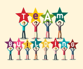 Team Building Concept With People Holding Letters on Stars. Vector Teamwork Design.