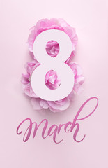 8 march hand lettering and peonies flowers. Woman's Day greeting card background.