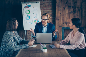 Three nice chic busy stylish elegant cheerful business sharks discussing news strategy profit growth development appointment at industrial loft interior work place station