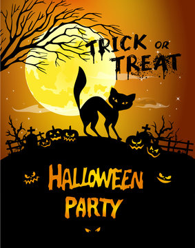 Halloween night background picture with cat, pumpkins and hand lettering "Trick or Treat". Vector elements for banner, greeting card halloween celebration, halloween party poster.