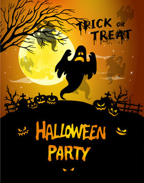 Halloween night background picture with ghost, graves and hand lettering "Trick or Treat". Vector elements for banner, greeting card halloween celebration, halloween party poster.
