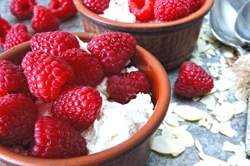 Healthy breakfast or snack with cottage cheese and fresh raspberries. Keto diet. Keto dessert or keto breakfast.