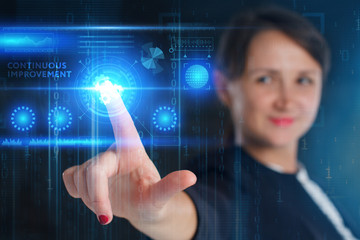 The concept of business, technology, the Internet and the network. A young entrepreneur working on a virtual screen of the future and sees the inscription: Continuous improvement