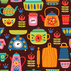 brown seamless pattern with vintage kitchen - vector illustration, eps