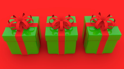 Three gift boxes in green on red