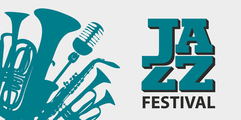 Vector music poster for a jazz festival in retro style on light background with wind instruments, saxophone, microphone and inscription