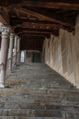 Palazzo della Regione, Bergamo, Italy. Loggiata staircase (1457), access to the first floor, which also leads to the upper rooms of the Palazzo dei Giuristi.