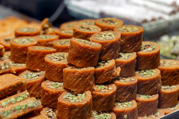 Baklava with pistachio, Turkish traditional dessert. Oriental sweets