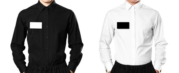 A man with a badge on his chest. Close up. Isolated background