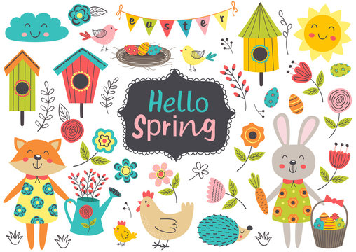set of isolated spring elements and characters - vector illustration, eps