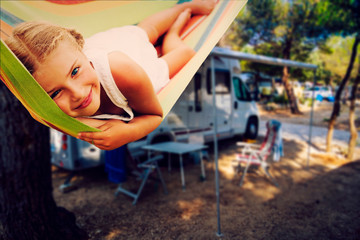 Camping RV travel with camper, summer beach. Happy smiling beauty girl on mototorhome vacation. - 248663574