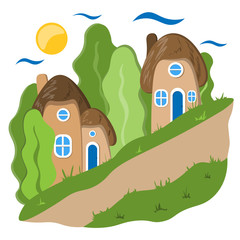 Cozy town is a small street with a sloping road. Illustration in flat style.