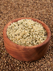 Bowl of shelled hemp seeds. Dietary supplement rich in protein and fibre.