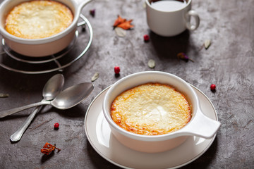 Freshly baked homemade cottage cheese casserole in a Cup