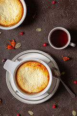 Freshly baked homemade cottage cheese casserole in a Cup