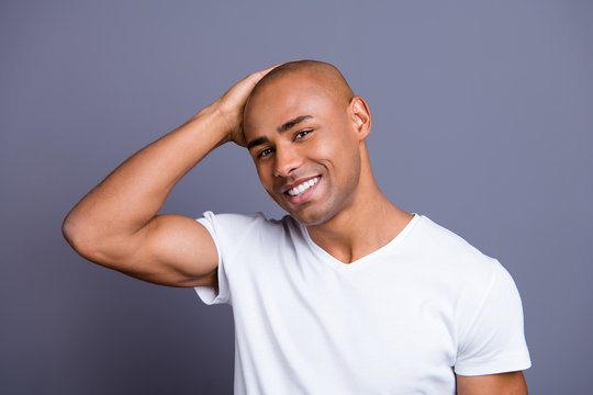 Close up photo glad dark skin he him his macho hand arm head great result after using new shampoo visiting barbershop hot looking wearing white t-shirt outfit clothes isolated on grey background