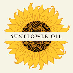 Square vector banner or label for sunflower oil in the form of sunflower close-up with inscription on light background