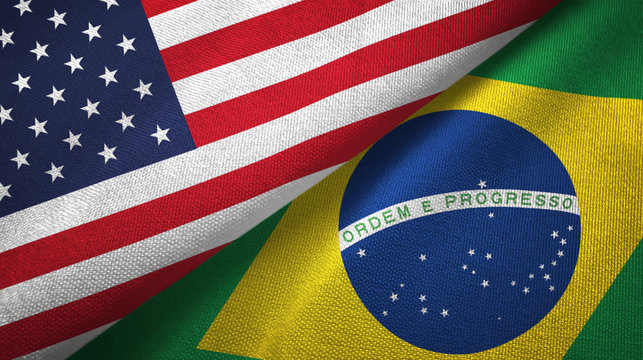 United States and Brazil two flags textile cloth, fabric texture