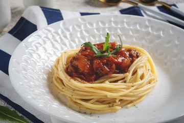 pasta spaghetti bolognese with tomato sauce, close-up