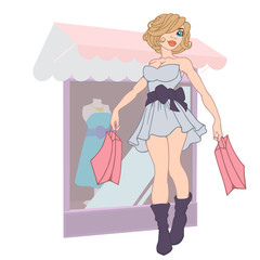 fashion girl with bags in the store. Customer. Sales Funny cartoon character.
