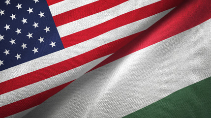 United States and Hungary two flags textile cloth, fabric texture
