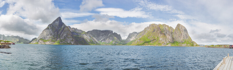 Panorama of the Reinefjord and the Vorfjord just outside Moskenes