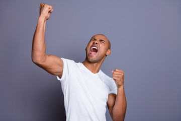 Close up photo strong healthy dark skin he him his macho bald head mouth opened yell with all voice...