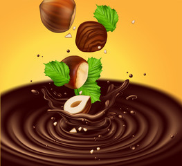 Background for advertising chocolate. Hazelnuts with leaves fall into liquid chocolate. Splash effect. 3D vector. High detailed realistic illustration
