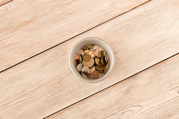 Different coins in a metal basket. The view from the top. The concept of poverty. The concept of savings.