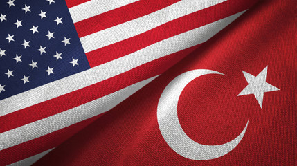 United States and Turkey two flags textile cloth, fabric texture