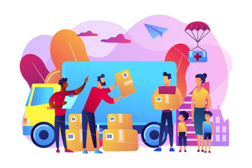Team of volunteers giving help boxes to refuges and humanitarian aid van. Humanitarian aid, material assistance, governmental help concept. Bright vibrant violet vector isolated illustration