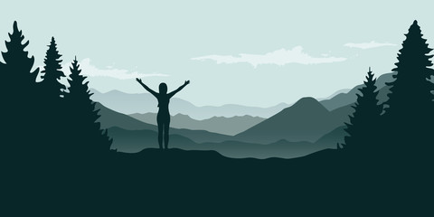 happy girl with raised arms at beautiful green mountain and forest landscape vector illustration EPS10