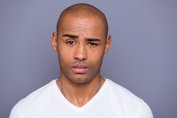 Close-up portrait of his he nice handsome attractive well-groomed virile guy wearing white shirt isolated over gray violet purple pastel background