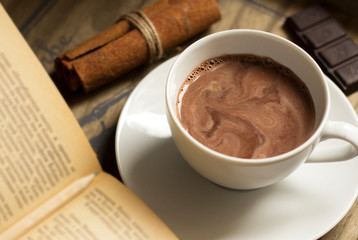 Cocoa drink, book, cinnamon and chocolate