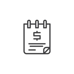 Money notebook line icon. linear style sign for mobile concept and web design. Dollar notepad outline vector icon. Bank and finance symbol, logo illustration. Pixel perfect vector graphics