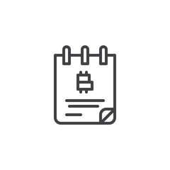 Bitcoin notebook line icon. linear style sign for mobile concept and web design. Bitcoin cryptocurrency notepad outline vector icon. Symbol, logo illustration. Pixel perfect vector graphics